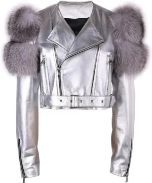 Women's Cropped Silver Faux Leather Jacket with Fur Trim Belted Lapel Style Collar Fashion Jacket