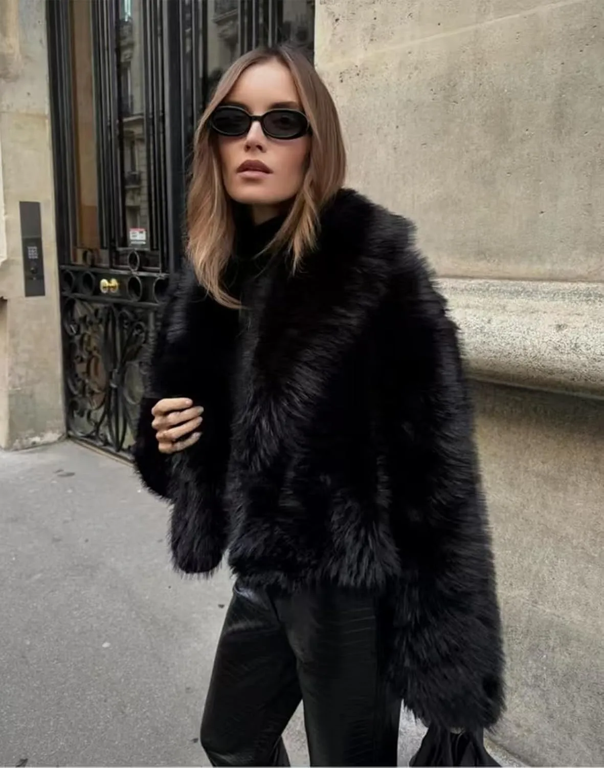 Women's Faux Fur Coat Cropped Fluffy Jacket Long Sleeve Open Front Shaggy Short Coat Outerwear