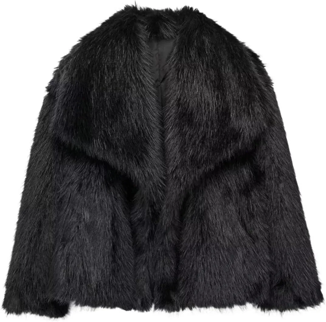 Women's Faux Fur Coat Cropped Fluffy Jacket Long Sleeve Open Front Shaggy Short Coat Outerwear