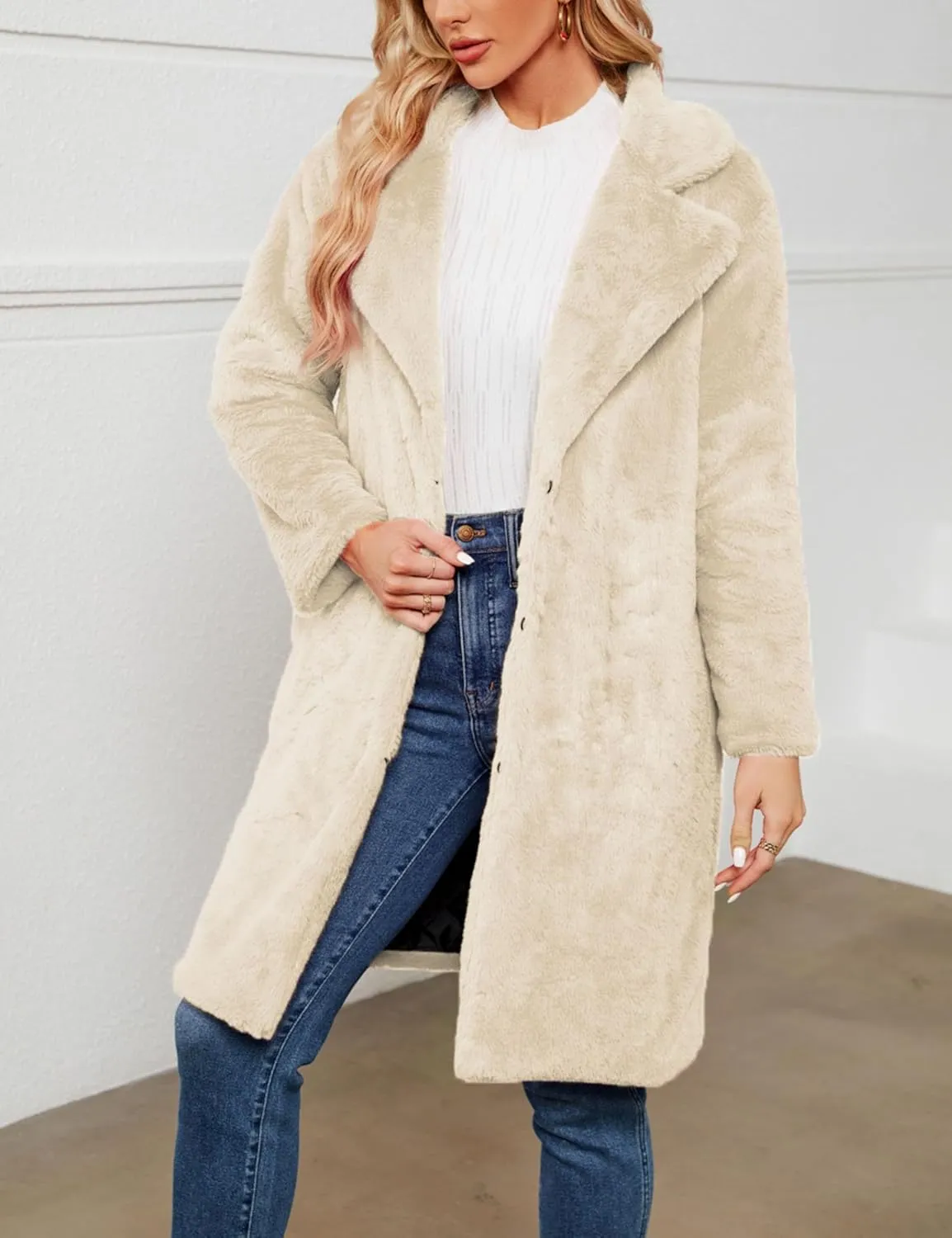 Women's Faux Fur Coat Fuzzy Warm Winter Long Fur Jackets Cardigan Outerwear with Pockets Overcoat
