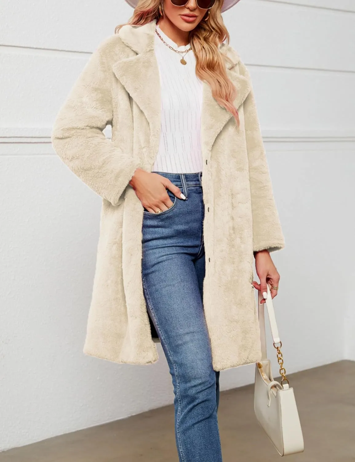 Women's Faux Fur Coat Fuzzy Warm Winter Long Fur Jackets Cardigan Outerwear with Pockets Overcoat