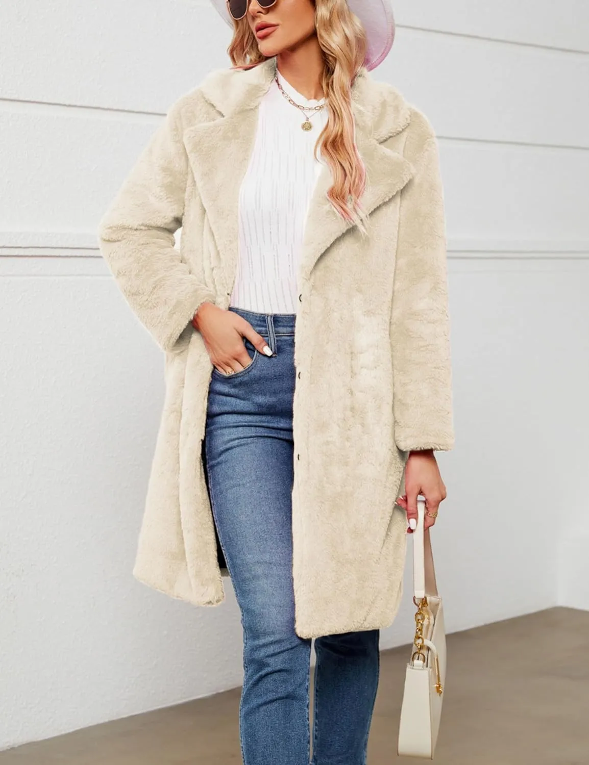 Women's Faux Fur Coat Fuzzy Warm Winter Long Fur Jackets Cardigan Outerwear with Pockets Overcoat