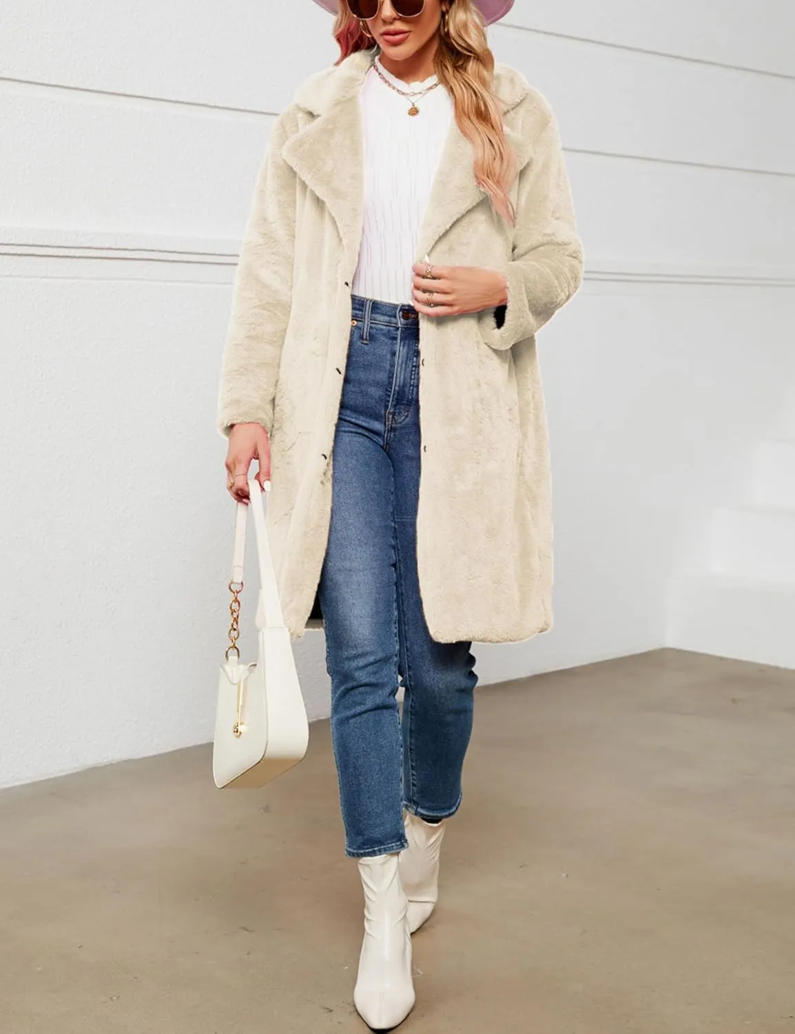Women's Faux Fur Coat Fuzzy Warm Winter Long Fur Jackets Cardigan Outerwear with Pockets Overcoat