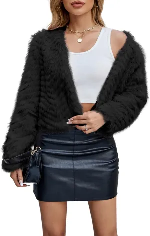 Womens Faux Fur Cropped Coats Fuzzy Winter Jacket Long Sleeve Open Front Cardigan Top Fluffy Warm Outwear with Pockets