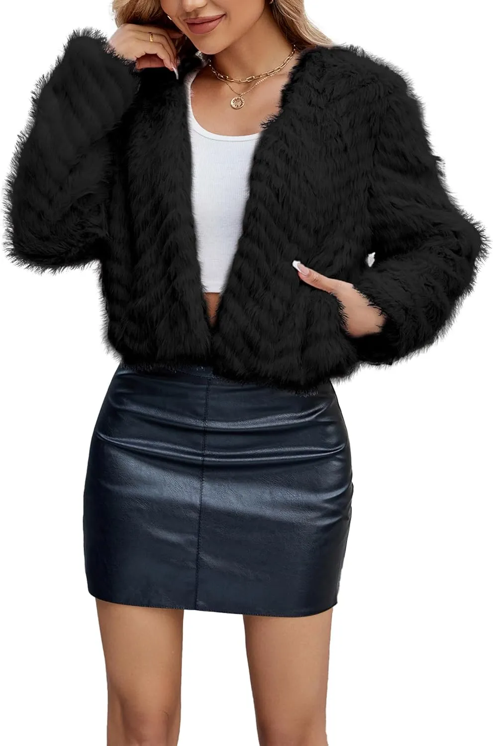 Womens Faux Fur Cropped Coats Fuzzy Winter Jacket Long Sleeve Open Front Cardigan Top Fluffy Warm Outwear with Pockets