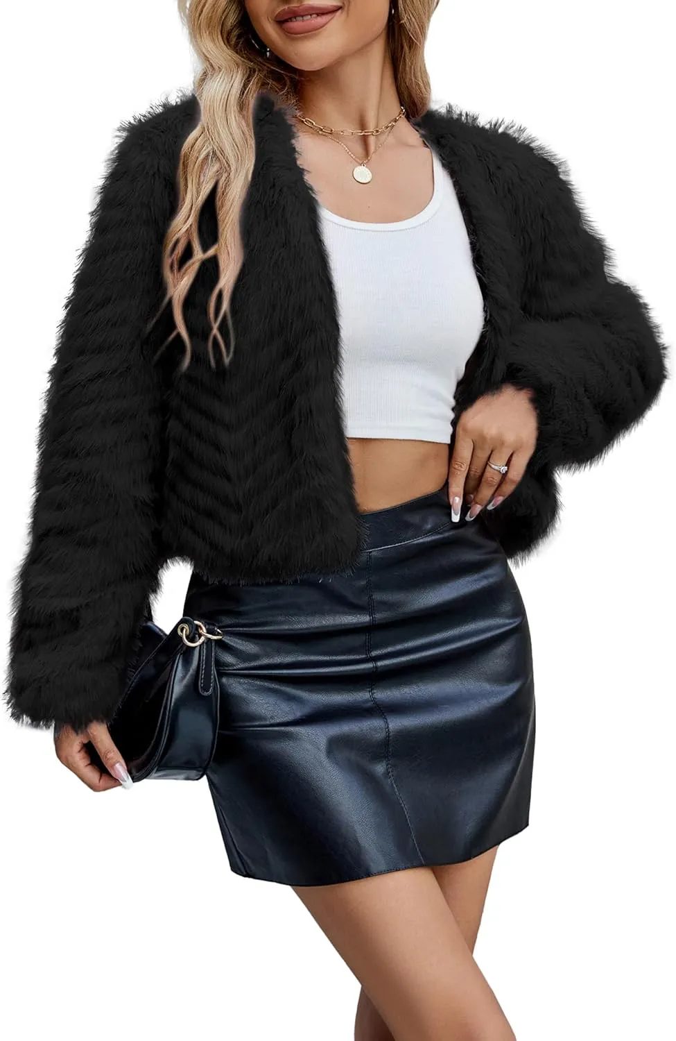 Womens Faux Fur Cropped Coats Fuzzy Winter Jacket Long Sleeve Open Front Cardigan Top Fluffy Warm Outwear with Pockets
