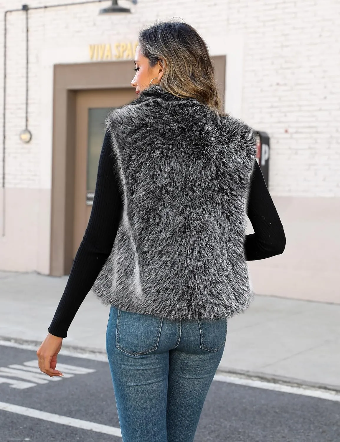 Womens Faux Fur Vest Stand Collar Sleeveless Open Front Cardigan Top Fuzzy Coats Jacket Fluffy Outwear with Pockets