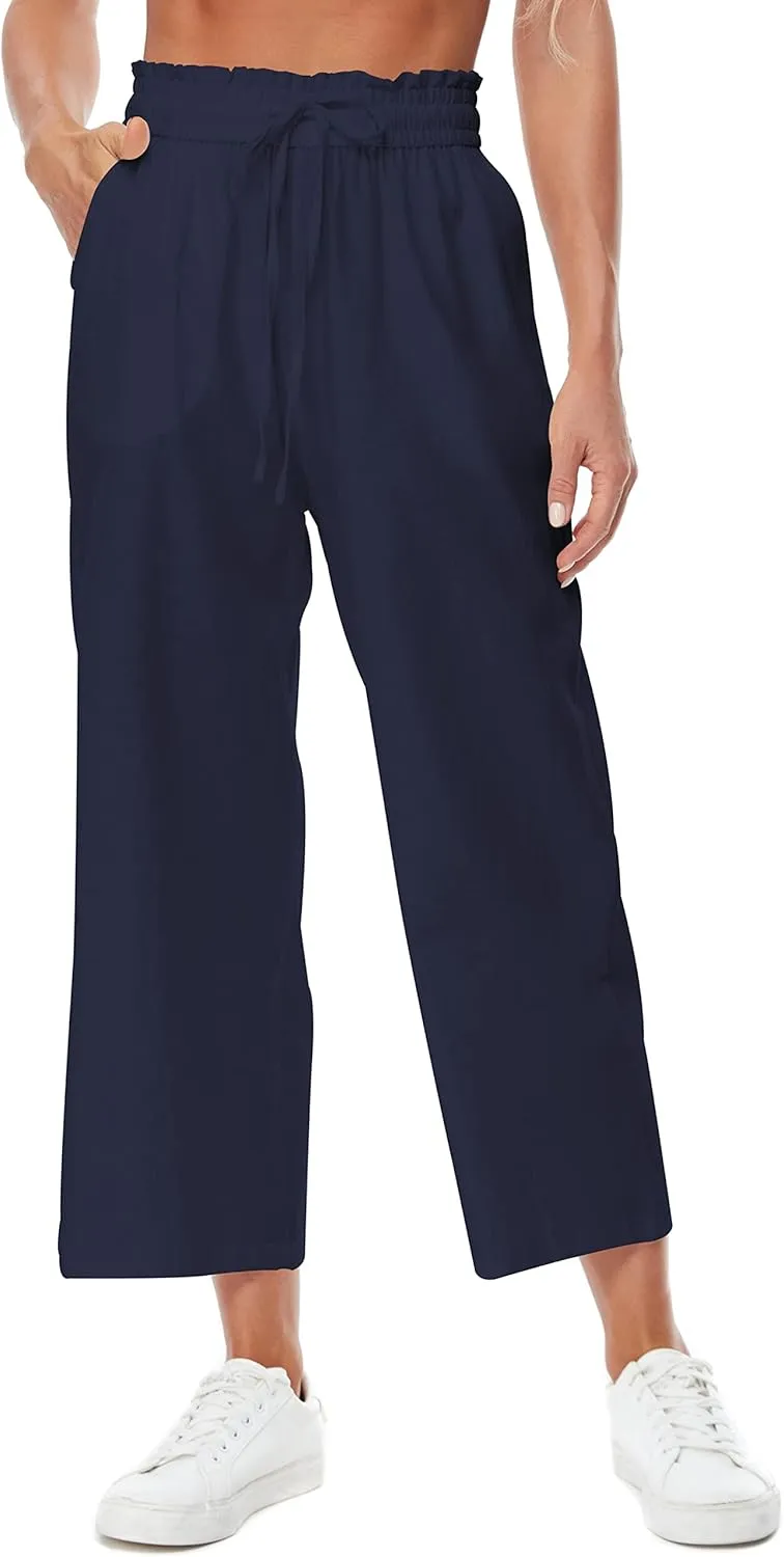 Womens Linen Pants Elastic High Waisted Wide Leg Drawstring Casual Loose Cropped Pants with Pockets