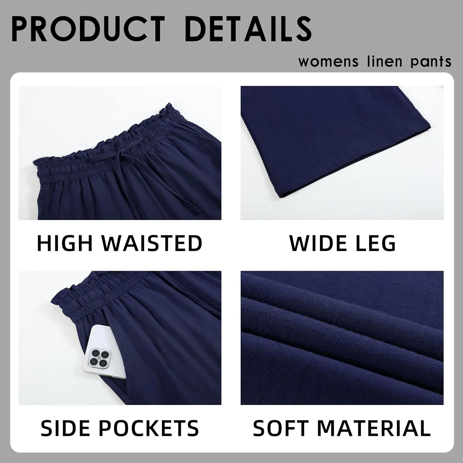 Womens Linen Pants Elastic High Waisted Wide Leg Drawstring Casual Loose Cropped Pants with Pockets