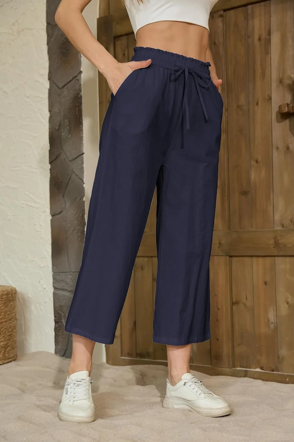 Womens Linen Pants Elastic High Waisted Wide Leg Drawstring Casual Loose Cropped Pants with Pockets