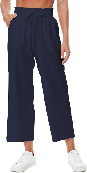 Womens Linen Pants Elastic High Waisted Wide Leg Drawstring Casual Loose Cropped Pants with Pockets