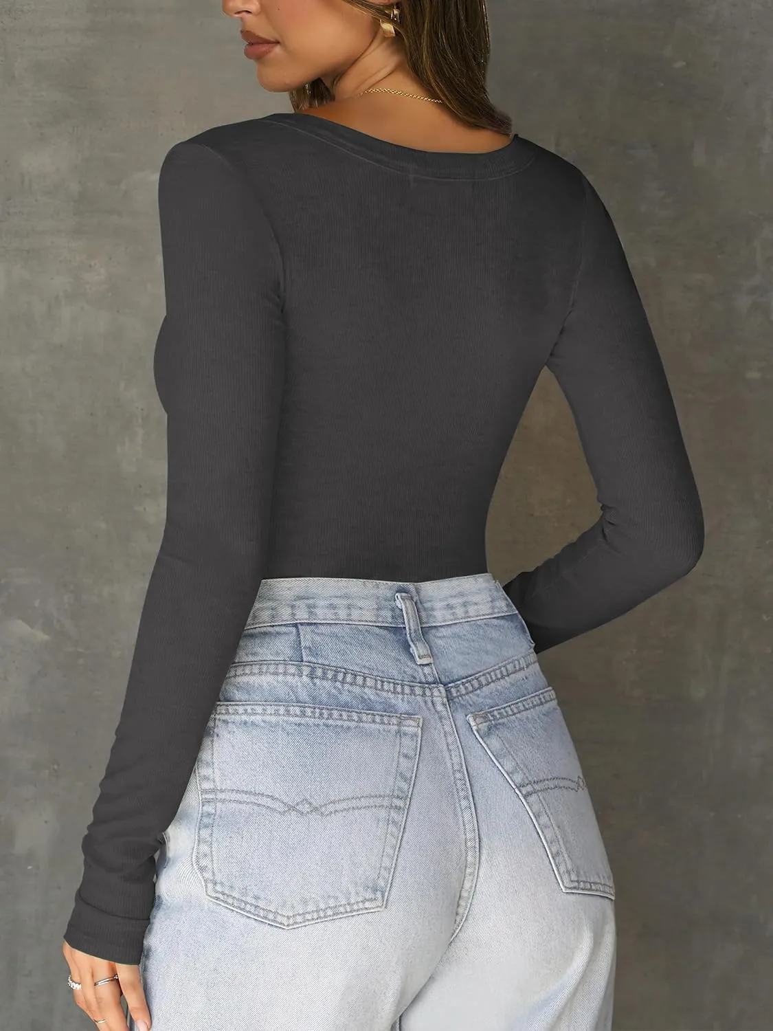 Womens Long Sleeve Square Neck Shirts Ribbed Knit Fitted Tight Tops Cute Undershirt Blouses