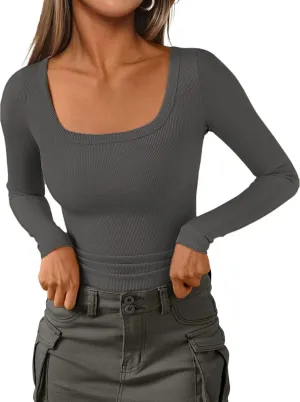 Womens Long Sleeve Square Neck Shirts Ribbed Knit Fitted Tight Tops Cute Undershirt Blouses