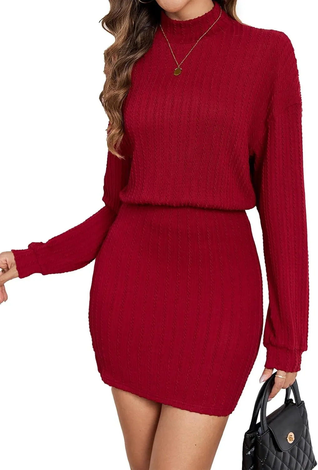Women's Sweater Dresses Fall Winter 2025 Casual Long Lantern Sleeve Turtleneck Ribbed Knit Mini Short Knitted Dress 696