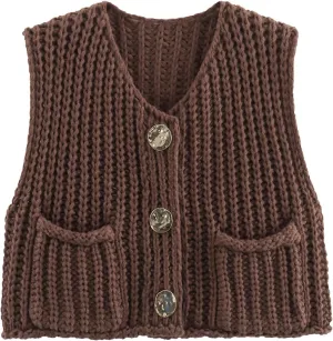 Wyeysyt Sweater Vest Women Sleeveless Crop Knit Cardigan Casual Button Down Cropped Knitted Sweater Vest with Pockets
