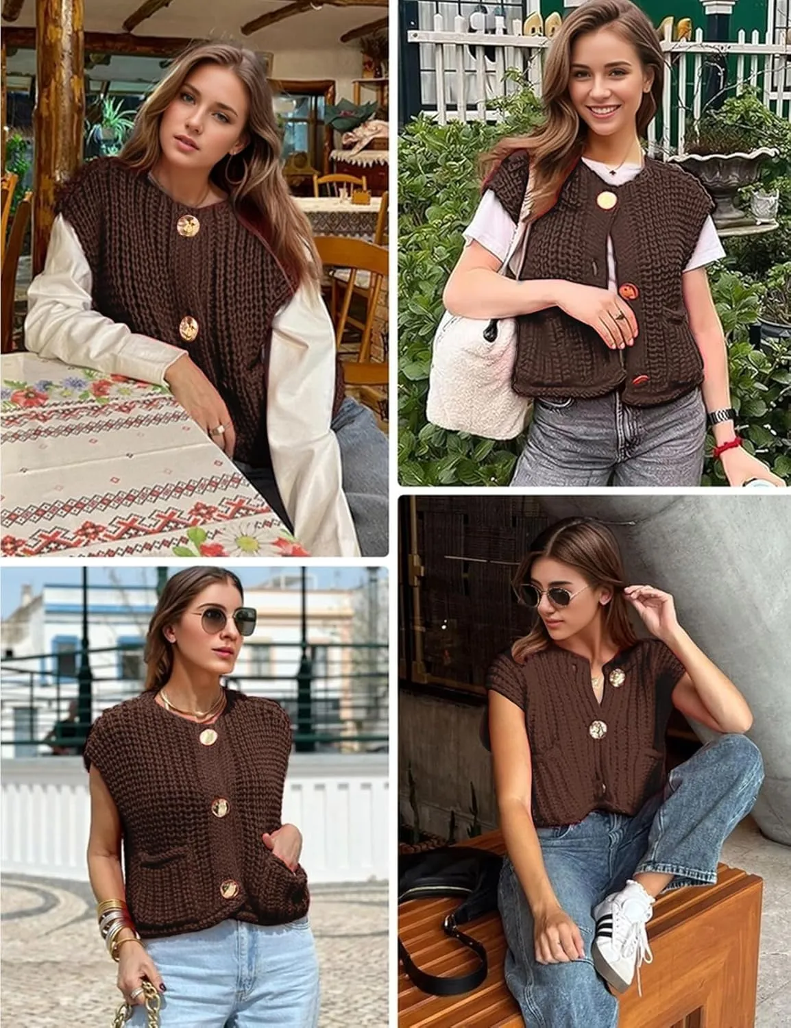 Wyeysyt Sweater Vest Women Sleeveless Crop Knit Cardigan Casual Button Down Cropped Knitted Sweater Vest with Pockets