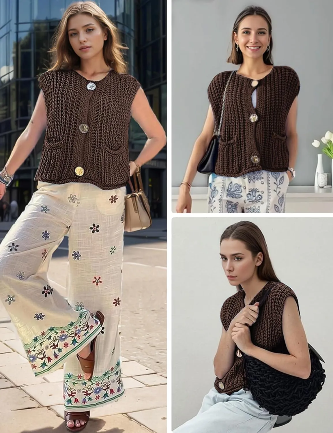 Wyeysyt Sweater Vest Women Sleeveless Crop Knit Cardigan Casual Button Down Cropped Knitted Sweater Vest with Pockets