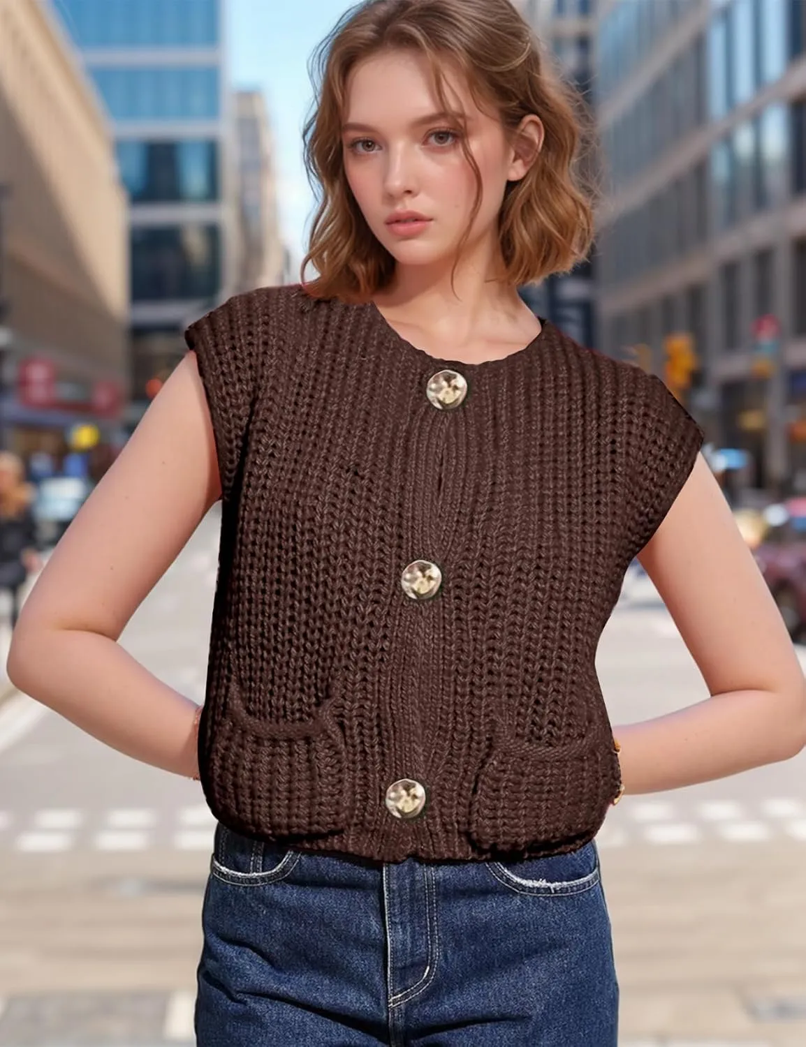 Wyeysyt Sweater Vest Women Sleeveless Crop Knit Cardigan Casual Button Down Cropped Knitted Sweater Vest with Pockets