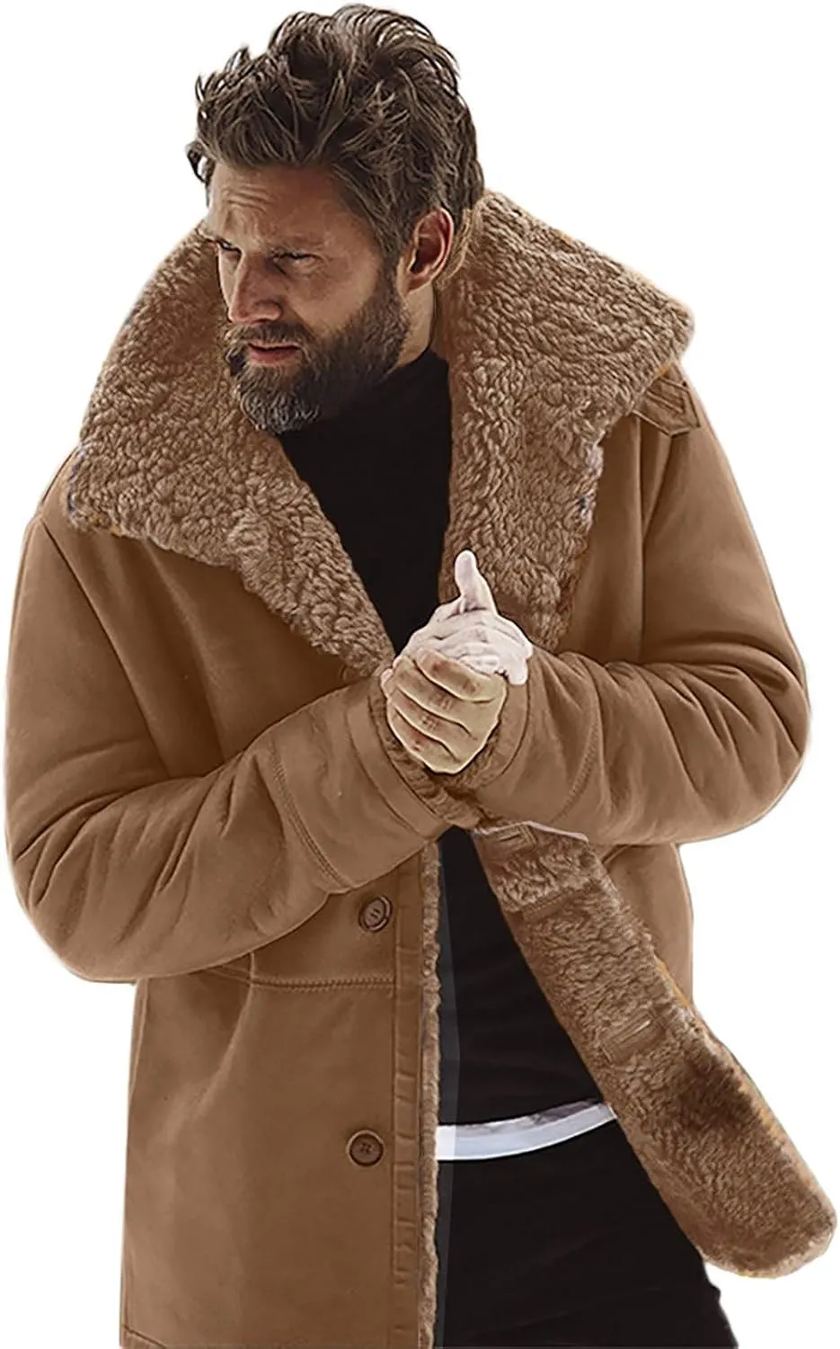 Ymosrh Mens Leather Jacket Winter Sheepskin Jacket Warm Wool Lined Mountain Faux Lamb Jackets Coat Flannel Jacket